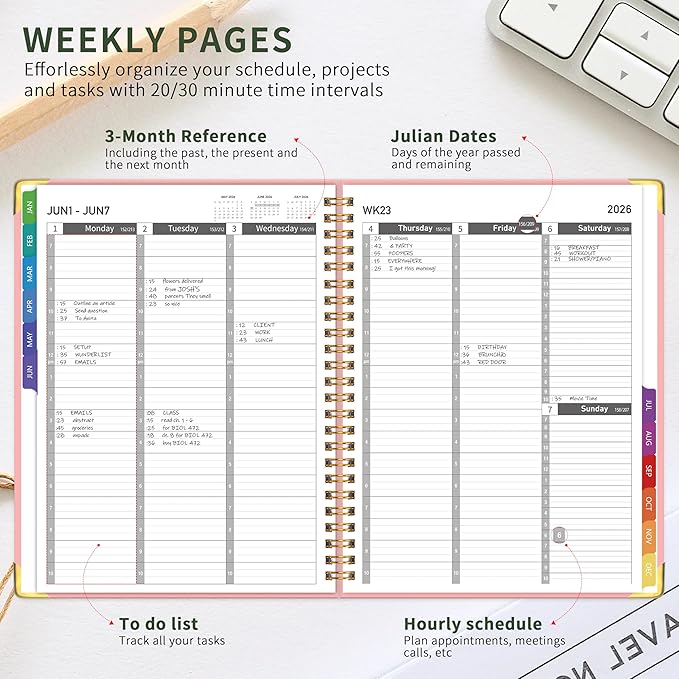 2026 Appointment Book/Planner - 2026 Daily Hourly Planner from Jan. 2026 - Dec. 2026, Weekly appointment Book 2026, 2026 Hourly planner with 20-Minute Interval, 9" x 11", Twin-Wire Binding, Colorful Tabs, Pocket - Pink