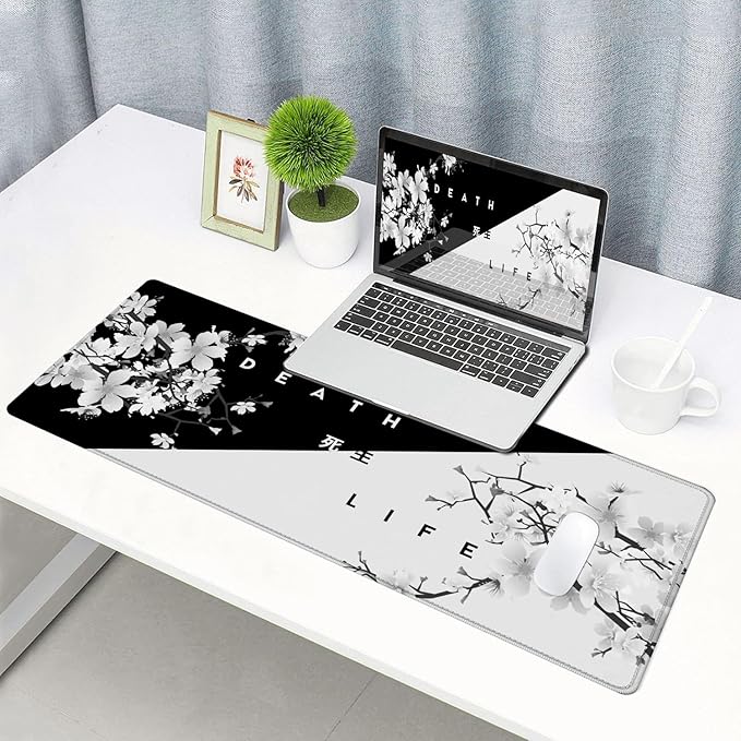Gaming Mouse Pad, Large Mouse Pads for Desk, Non-Slip Rubber Base Mousepad, Keyboard Mouse Mat Desk Pad with Stitched Edges, 31.5x11.8 inch Sakura Death Life Floral