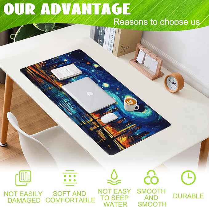 Desk Pad,City Starry Night Desk Mat,Abstract Oil Painting Large Gaming Mouse Pad for Desk,Extended Big Computer Keyboard Mouse Pad with Non-Slip Base and Stitched Edge,35.4"x15.7"