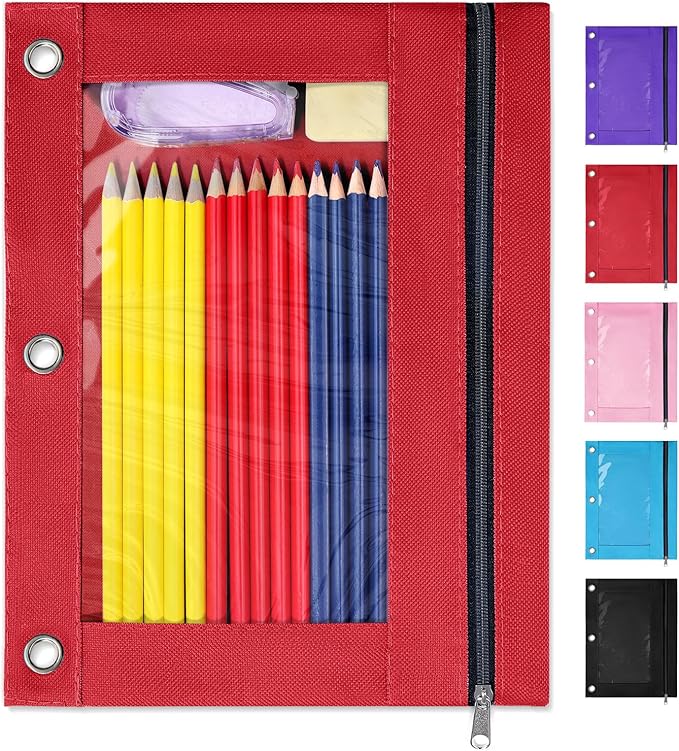 SUNEE Pencil Pouch for 3 ring binder, Pencil Bag for Binder with Zippers, Red Pencil Case for Students Organizer, Red