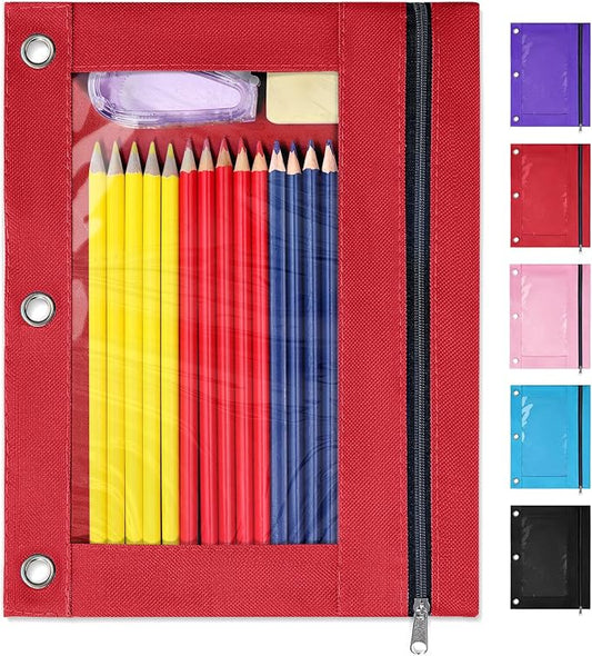 SUNEE Pencil Pouch for 3 ring binder, Pencil Bag for Binder with Zippers, Red Pencil Case for Students Organizer, Red