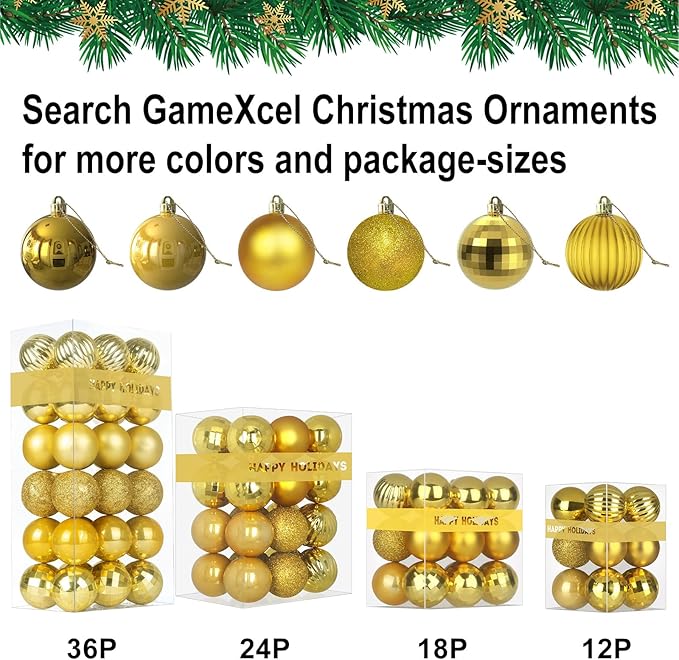 Gold 2.5" Christmas Balls Christmas Tree Decoration Ornaments Shatterproof Hanging Balls for Birthday Halloween Holiday Wedding Decorations Set of 24pcs