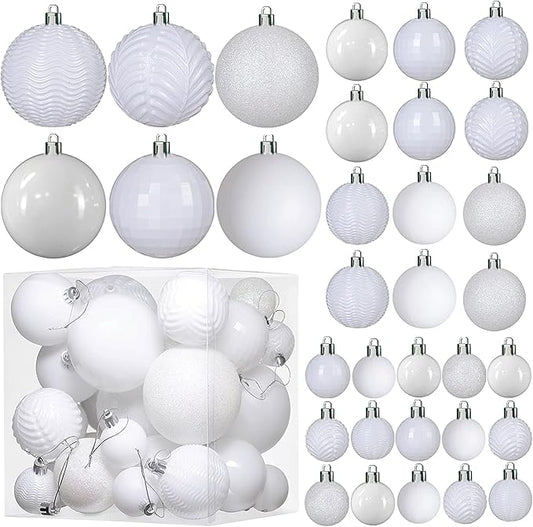Prextex 36 Piece White Christmas Ornaments and Balls - White Ornament Set with 3 Sizes and 6 Styles - Shatterproof Christmas Ornaments for Tree, Wreath, and Holiday Decor for Indoor or Outdoor Display