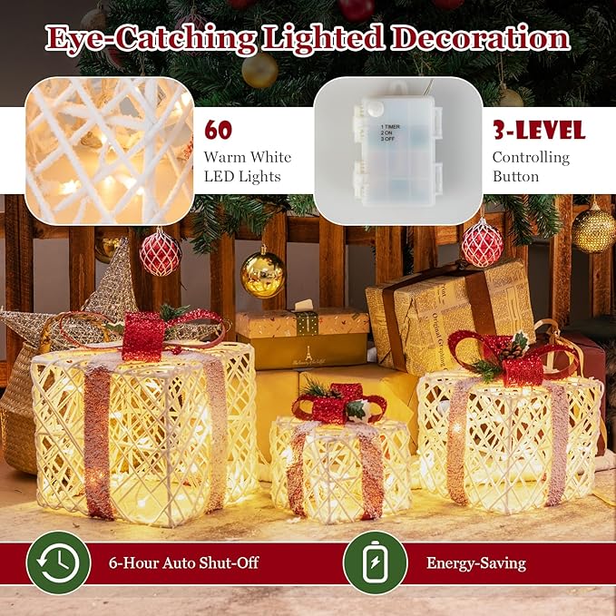 Tangkula Set of 3 Lighted Box, Pre-lit Present Boxes with 100 Warm White Lights, Exquisite Patterns, Bows, Ground Stakes, Indoor Outdoor Christmas Decoration for Yard Lawn