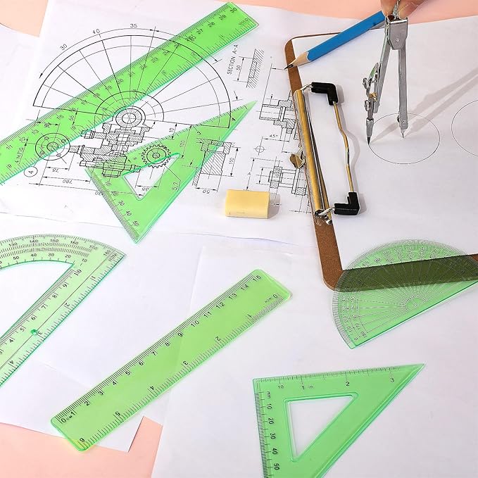 Zonon 1 Set Plastic Geometry Math Set Includes Drawing Compass, 6 Inch 4 Inch Protractor, 45/60 Degree Triangle Rulers 12 Inch 6 Inch Math Ruler Transparent for Office Supplies(Green)