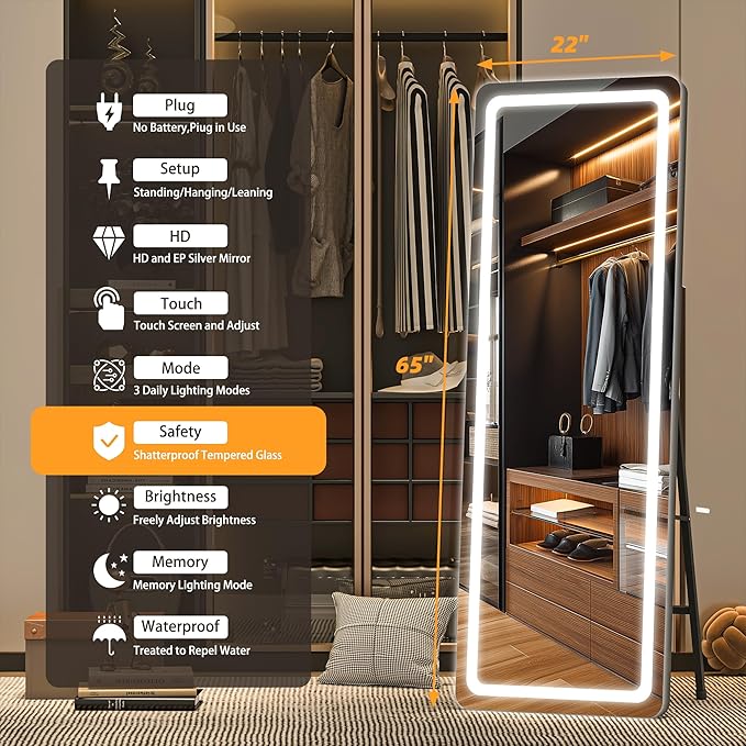 Hasipu Full Length Mirror with Lights, 65" x 22" LED Floor Mirror, Full Body Dressing Standing, Hanging Mounted Mirror for Living Room Bedroom Cloakroom, Round Black