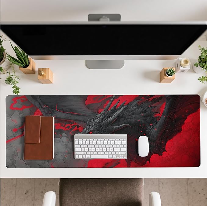 Huge Dragon Mouse Pad Desk Mat XL Extended Large Gaming Desk Pad Mousepad, Red and Black Computer Laptop Keyboard and Mouse Mat, Desktop Protector Mat for Office and Home 31.5x11.8 in