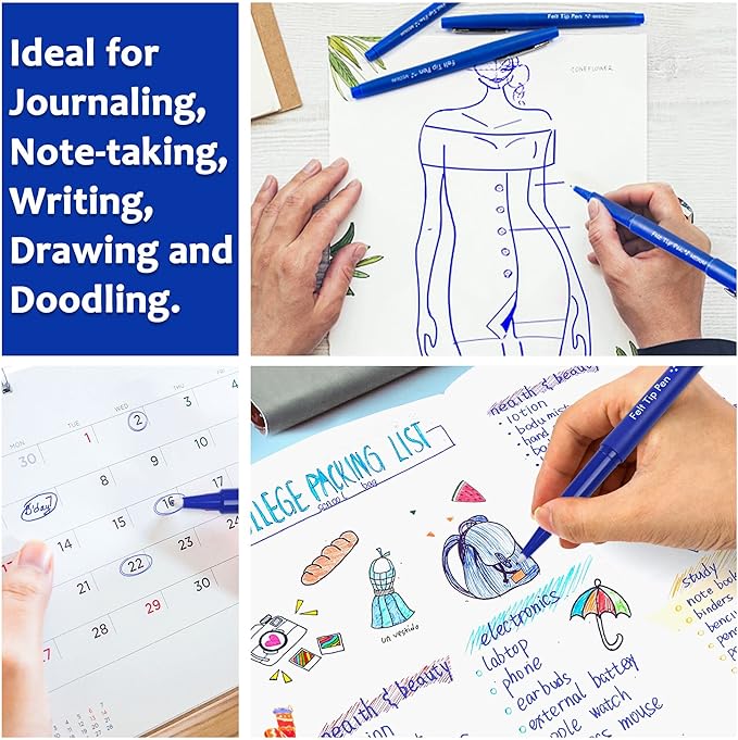 Lelix Felt Tip Pens, 15 Blue Pack, 0.7mm Medium Point, Felt Tip Markers Pens for Journaling, Writing, Note Taking, Planner, Perfect for School Office and Art Supplies