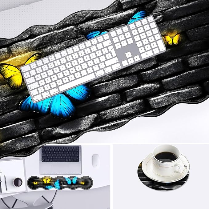 Large Mouse Pad and Keyboard Wrist Rest, Desk Pad for Keyboard and Mouse, 4-in-1 Large Gaming Mouse Pad with Wrist Support, Desk Mat for Home Office Study Game-Blue and Yellow Butterflies