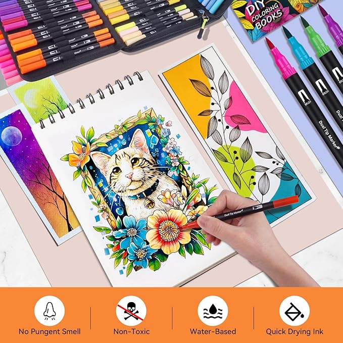 Dual Markers Brush Pens for Adult Kids Coloring Books, 168 Colors Art Marker Set with Fine & Brush Tip Pen for Bullet Journaling, Coloring, Drawing, Hand Lettering, Calligraphy, Art Supplies