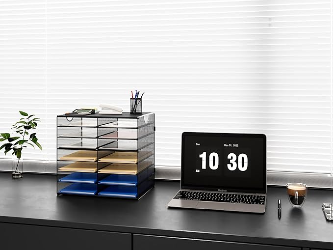 EasyPAG 14-Slot Mesh Desk File Organizer with Handle, Metal Frame Paper Tray for Classroom/Office/Home - Easy Assembly, Durable Tiered Sorter & A4/Letter Size, Black