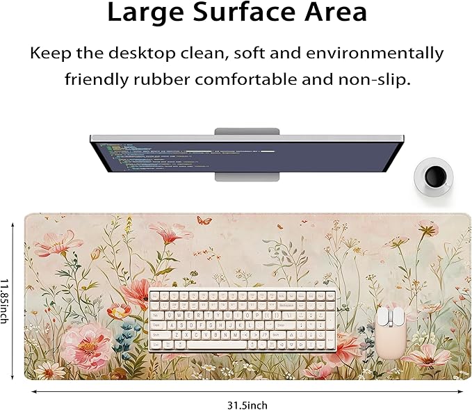 31.5”x11.8”Large Gaming Mouse Pad for Desk, Mouse Mat with Seamed Edges, Waterproof Desk Pad, Non-Slip Rubber Base, Keyboard Pad Computer Mat, Big XL Mousepad-Flower Wild Grasses