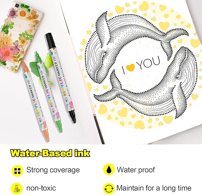 36 Colors Acrylic Paint Pens, Dual Tip Acrylic Paint Markers for Paper, Wood, Canvas, Stone, Rock Painting, Glass, Fabric, DIY, Ceramic, Art Supplies for Kids and Adults Drawing (Dot + Fine)