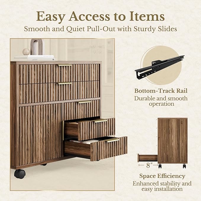 Fluted File Cabinet with 5 Drawers, Large Storage with Cabinet Door, Mobile Filing Cabinet with Locable Wheels for Home Office, Black Walnut