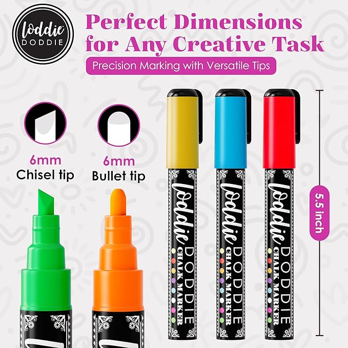 Loddie Doddie Liquid Chalk Markers - 8-Pack, 6mm Reversible Chisel & Bullet Tips - Erasable Neon Pens for Blackboard or Chalkboard - Chalk Markers for Blackboard