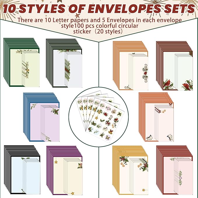 250Pcs Christmas Stationery Paper and Envelope Set with 100 Letterhead Papers and 50 Envelopes, 10 Design for Letter Writing Invitations Computer Holidays Party Notes, 8.5x11 Inch-Holy