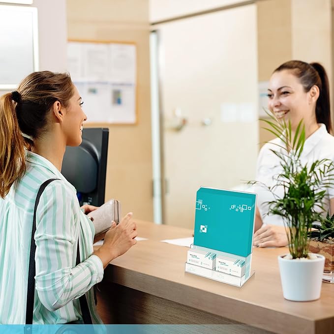 2 Pack Acrylic Flyer Holder 8.5 x 11 Clear Brochure Display Stand with Acrylic and Business Card Holder, Plastic Flyer Display Stand for Magazine, Pamphlet, Booklets, Menu, Journals