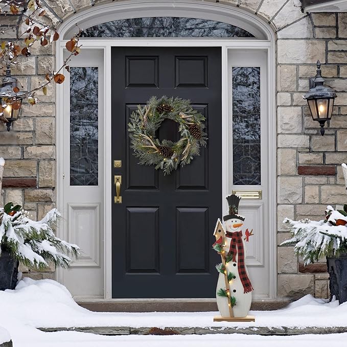 Glitzhome 36" H Lighted Wooden Christmas Snowman Porch Sign Standing Snowman with Birdhouse Porch Decor Rustic Merry Christmas Welcome Sign Holiday Party Outdoor Indoor Xmas Decorations