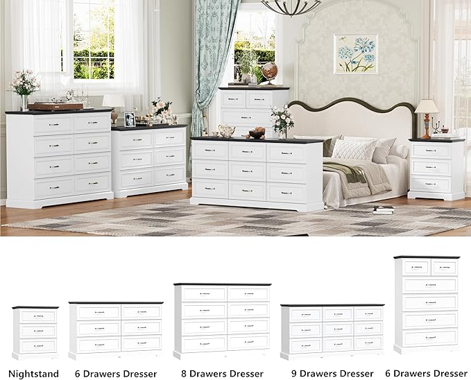 8 Drawer Dresser for Bedroom, 53" Wide Wooden Chest of Drawers, Rustic Farmhouse Dresser with Large Drawers & Metal Handles, Modern Storage Organizer for Closet, Living Room, Hallway, White