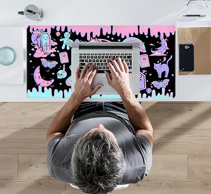 Cute Pastel Goth Desk Mat Kawaii Japanese XXL Extra Large Extended Desk Pad Gaming Mouse Pad, Anime Computer Laptop Mat Keyboard and Mouse Mat for Women Office Desk Decor Gamer Gift 31.5"x15.75"