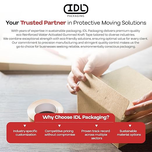 IDL Packaging 2.83" x 450 feet Reinforced Water-Activated Kraft Gummed Tape 30lb Thickness (Pack of 6) - Secure Paper Packing Tape for Secure Carton Sealing - Heavy-Duty for All Conditions, Brown