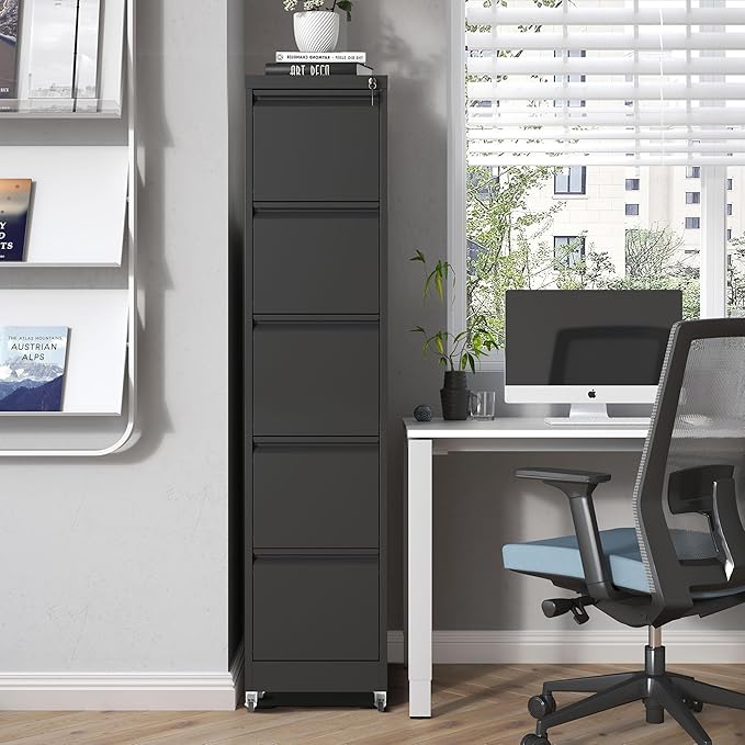 5 Drawers Filing Cabient with Wheel, File Cabinet with Lock, Steel Vertical Filing Storage Cabinet for Office, Heavy-Duty File Cabinets for Letters/Legal/A4 (Require Assembly, Black)