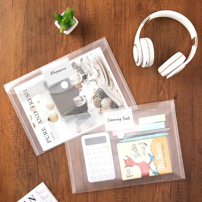 SUNEE 12 Pack Plastic Envelopes, Clear Folders for Document for A4 Letter Size, Poly File Folders with Label Pockets for School Home Office Organizer Work Supplies