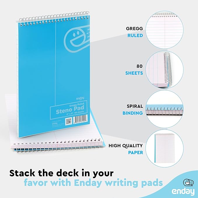 Enday Steno Pads Spiral 6 Pack, 6 x 9, 80 Sheets White Paper, Gregg Rule, Steno Notebook for writing, Assorted Colors, Pink, Purple, Green, Blue, Red, Grey