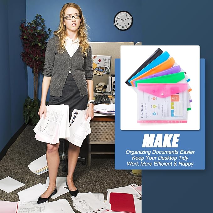 Binder Pocket Organizer Folders, 12 Pack Expandable Files Bag Plastic Envelopes Binder Folders with 11 Holes for 2/3/4 Ring Binder, Document Pouch with Snap Button and Label for School Office Home