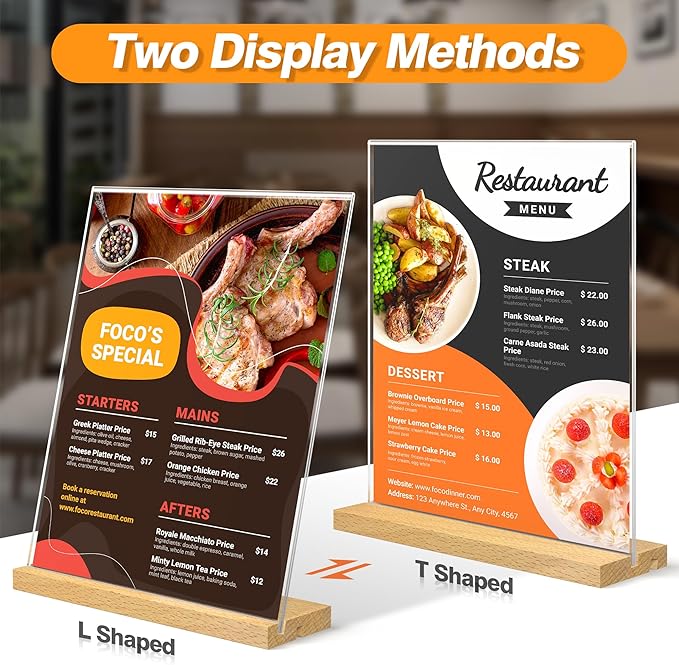 8.5 x 11 Acrylic Sign Holder with Wood Base - Tabletop Display Menu Stand - Clear Plastic L/T Shape Vertical or Slant Back Paper Holders - 3 Pack