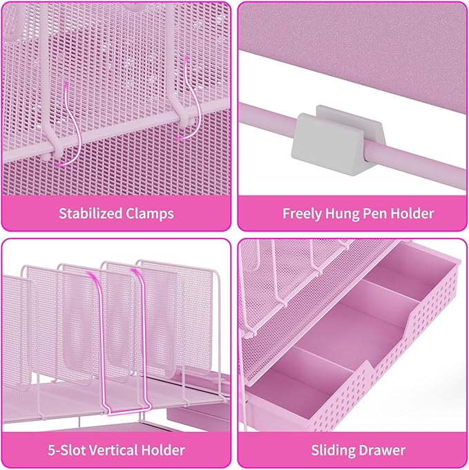 Desk Organizer, Office Organization with Vertical File Holder, File Organizer with Drawer and Pen Holder, Desk Accessories and Workspace Organizers for Home Office (Pink)