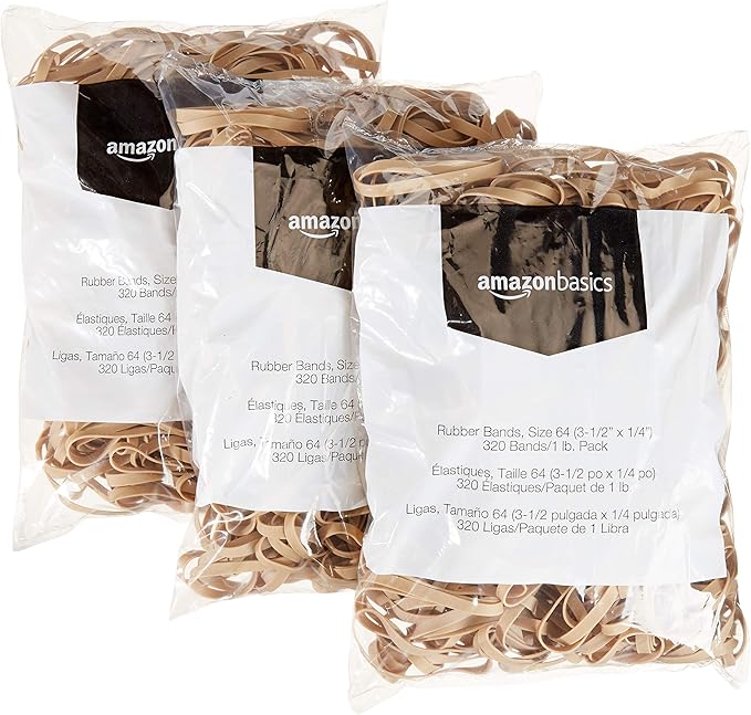 Amazon Basics Rubber Bands, Size 64 (1/4"), 320 Bands/1 lb Pack, 3-Pack, Tan