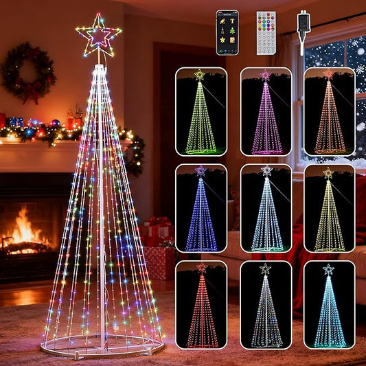 12Ft RGB Outdoor Lighted Christmas Tree Lights Cone Tall Star Topped Artificial Christmas Trees Arbol de Navidad Outside Decor for Xmas New Year Holiday