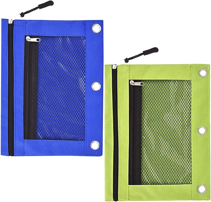3 Ring Binder Pencil Pouchs, Zippered Pencil P9ouch Double Pocket Pencil Pouch 3 Ring with Clear Window (Blue&Green 2pack)