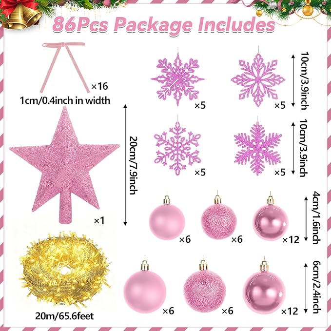 86Pcs Led Light Pink Christmas Tree Decorations Set 100 Led Light Christmas Star Trees Topper with String Lights Xmas Balls Snowflakes Ornaments Bows Xmas Trees Decor 20m Light String