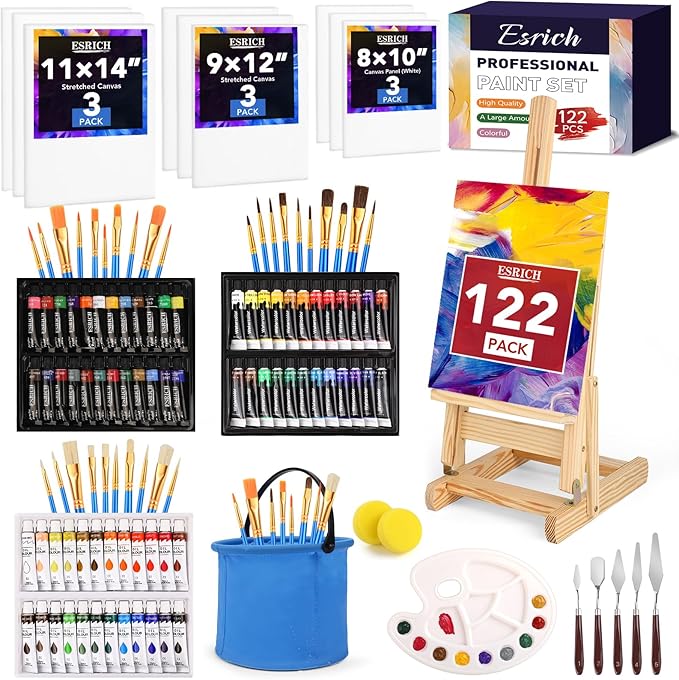 122PCS Professional Painting Set,Art Painting Supplies Kit,Canvas Painting Kit with Tabletop Wooden Easel,72Colors(Acrylic Paint Set,Watercolor,Oil) Brushes, Canvases,Painting Set for Kids Adults