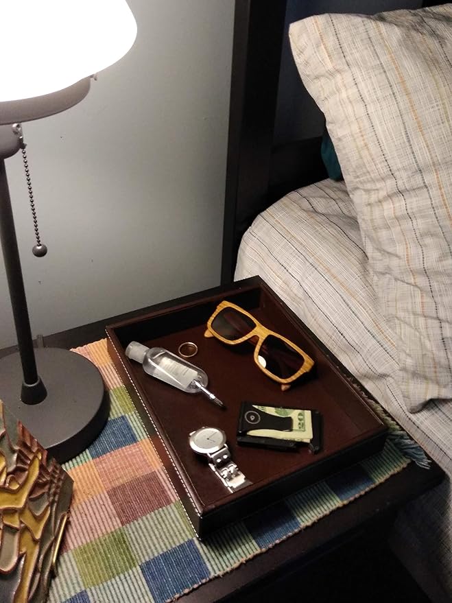 Valet Tray, Desk Tray, Nightstand Organizer for Men, Brown PU Leather, 10.3 x 8.3 x 1.6 inches