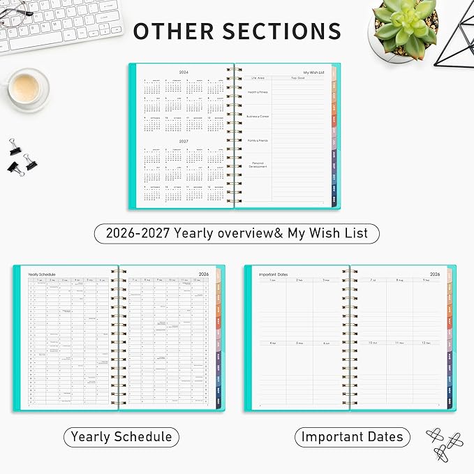 RETTACY 2026 Planner, Weekly and Monthly, Medium Size (5.7" x 8.3"), Jan - Dec 2026, Agenda, Calendar, 12 Month Tabs, Flexible Plastic Cover, 100 GSM Thick Paper, Spiral-bound (Tiffani Blue)
