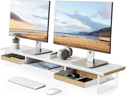 Fenge Acrylic Monitor Stand, 2 Tier Dual Monitor Riser with Solid Wood Drawers, 42.5 Inch Computer Stand for Two 27 Inch Monitors, Desk Shelf for PC, Laptop, Printer, TV, White