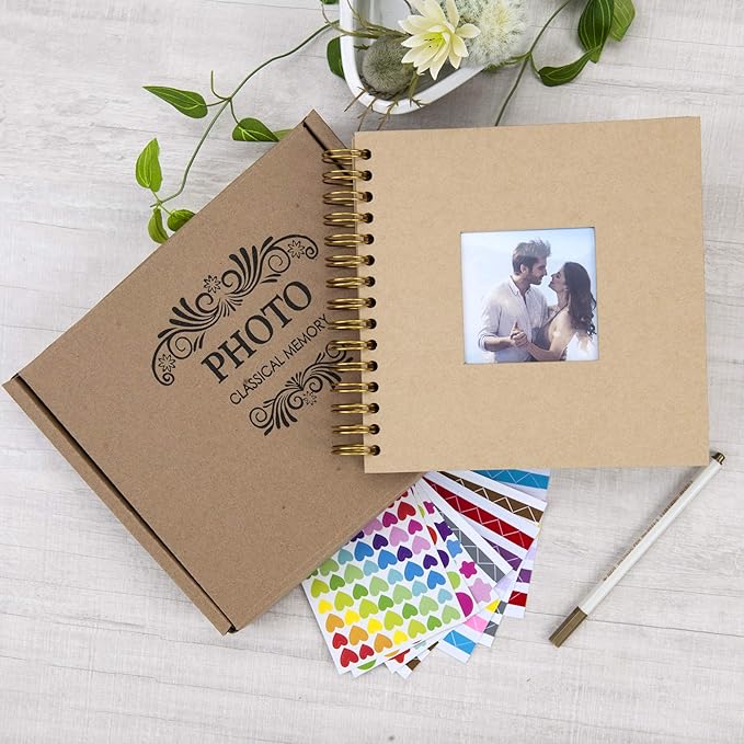 8 x 8 Inch Small DIY Scrapbook Photo Album with Window Design Cover 80 Pages Craft Paper Memory Book for Weeding Family Travel and Baby (Brown)