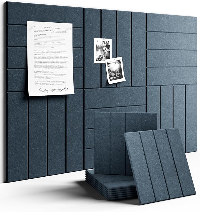 Felt Bulletin Board Tiles Large 36" x 24" Cork Board Alternative-6 Pack with 40 Adhesive Tabs, Slat Wall Panels for Office Decor, Push Pin Board Wall Organizer - Deep Charcoal Blue