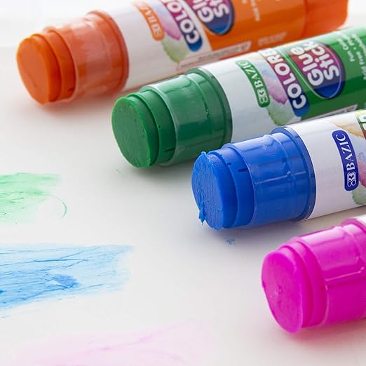 BAZIC Products Washable Colored Glue Stick 8g/0.28 Oz, All Purpose Acid Glue Sticks for Kids Photos Paper Kids at School Home Office (4/Pack), 1-Pack