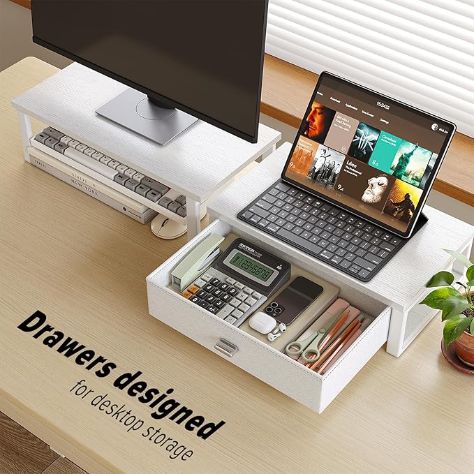 WOHOMO Dual Monitor Stand Riser with Drawers, Desk Organizers for 2 Monitors, Desktop Storage Stand for Computer,Laptop,White
