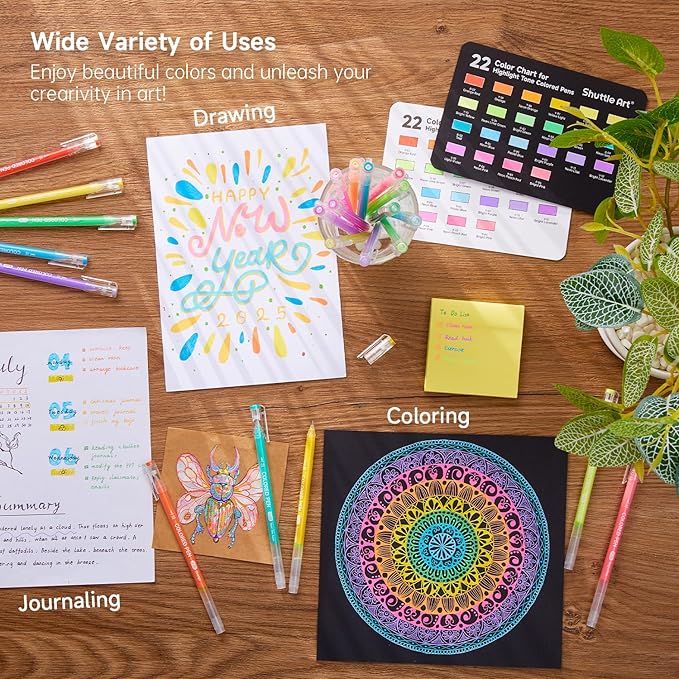Shuttle Art Colored Pens, 22 Highlight Tone Colors Cute Journal Pens 0.6mm Fine Point Colored Gel for Black Paper Adult Coloring Writing Drawing Journaling Note Taking School Office Home
