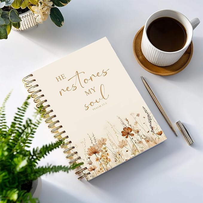 Bible Notebook, A5 Spiral Christian Journal, Bible Verse-He Restores My Soul, Inspirational Notebooks for Women, Bible Study, Gift for Birthday Christmas, Office Supplies (Light coffee color)