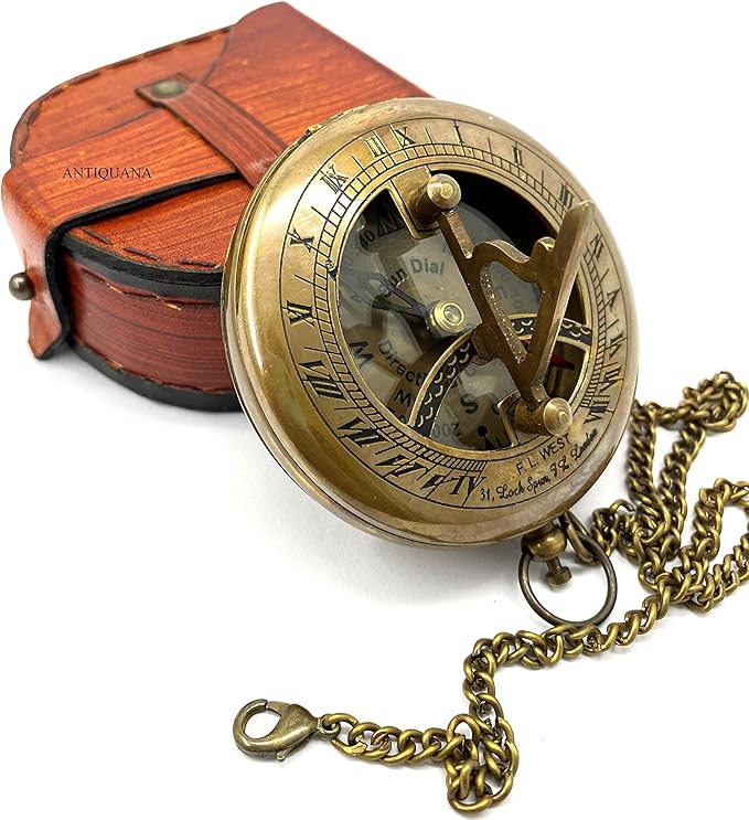 Antique Brass & Copper Sundial Compass, Sundial Clock in Box Gift Sun Clock Ship Replica Watch, Nautical Gifts for Men, Unique Nautical Decor, Naval Maritime Sundial (#6 Antique Push Button)