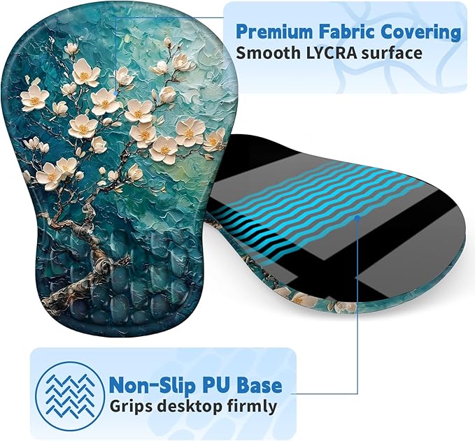 YIWEI Ergonomic Mouse Pad with Wrist Rest Support, Mousepad with Comfortable Memory Foam Wrist Rest and Non-Slip PU Base for Pain Relief, Computer, Laptop, Office, Home (Plum Plossom)