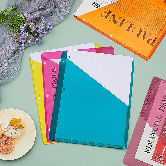 Maitys 50 Pack Binder Pockets 3 Hole Punch Clear Plastic Document Folders Binder Organizer Store Letter Size 8.5x11 Inch Paper Folders with Pockets Slash File Jacket for Office (Summer Color)