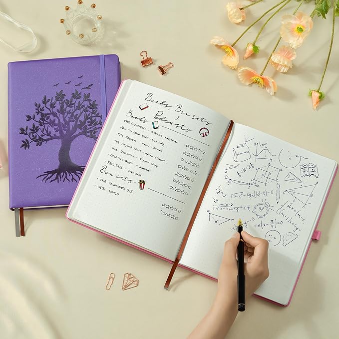 ZXHQ A5 Bullet Dotted Journal Notebook - 150gsm Thick Paper, 256 Pages, Dot Grid Hardcover, Tree of Life Design, Fine Inner Pocket - 5.9" × 8.5" Purple