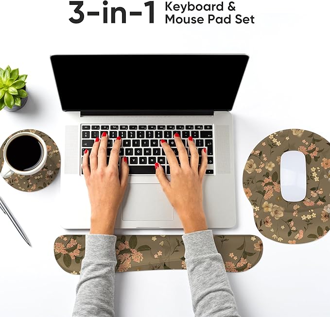 Ergonomic Keyboard Mouse Pad Wrist Rest Support Set for Laptop/Computer/Desktop,Memory Foam Hand Rest Wrist Cushion for Gaming/Office,Lightweight Comfortable & Pain Relief (Flowers)